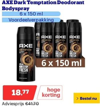 Promoties Axe dark temptation deodorant bodyspray - Axe - Geldig van 29/04/2024 tot 05/05/2024 bij Bol.com