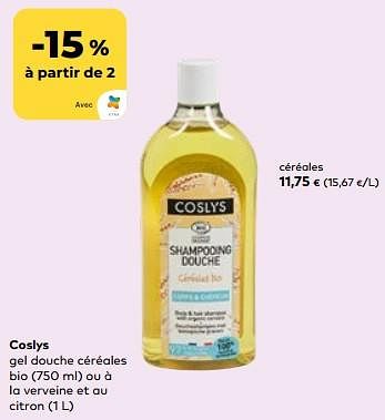 Promotions Coslys gel douche céréales bio ou à la verveine et au citron - Coslys - Valide de 24/04/2024 à 21/05/2024 chez Bioplanet