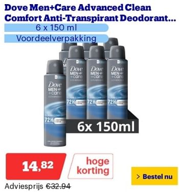 Promotions Dove men+care advanced clean comfort anti transpirant deodorant - Dove - Valide de 29/04/2024 à 05/05/2024 chez Bol.com