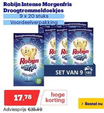 Promotions Robijn intense morgenfris droogtrommeldoekjes - Robijn - Valide de 29/04/2024 à 05/05/2024 chez Bol.com