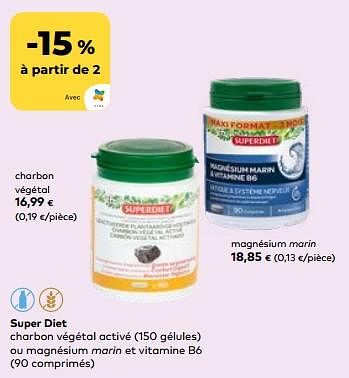 Promotions Super diet charbon végétal activé ou magnésium marin et vitamine b6 - Super Diet - Valide de 24/04/2024 à 21/05/2024 chez Bioplanet