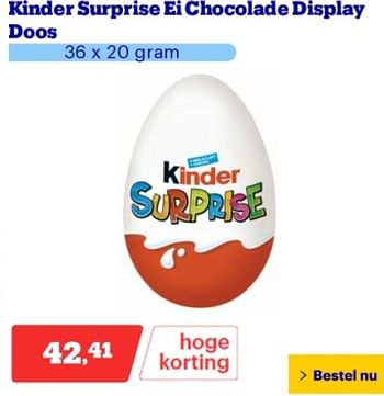 Promotions Kinder surprise ei chocolade display doos - Kinder - Valide de 29/04/2024 à 05/05/2024 chez Bol.com