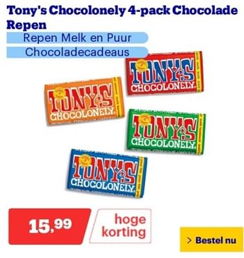 Promoties Tony`s chocolonely 4 pack chocolade repen - Tony's Chocolonely - Geldig van 29/04/2024 tot 05/05/2024 bij Bol.com