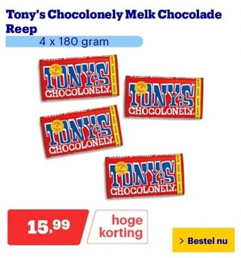Promoties Tony`s chocolonely melk chocolade reep - Tony's Chocolonely - Geldig van 29/04/2024 tot 05/05/2024 bij Bol.com