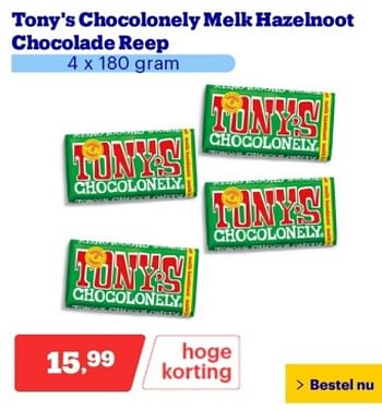 Promotions Tony`s chocolonely melk hazelnoot chocolade reep - Tony's Chocolonely - Valide de 29/04/2024 à 05/05/2024 chez Bol.com