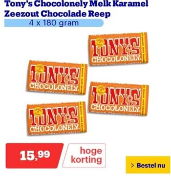 Promotions Tony`s chocolonely melk karamel zeezout chocolade reep - Tony's Chocolonely - Valide de 29/04/2024 à 05/05/2024 chez Bol.com