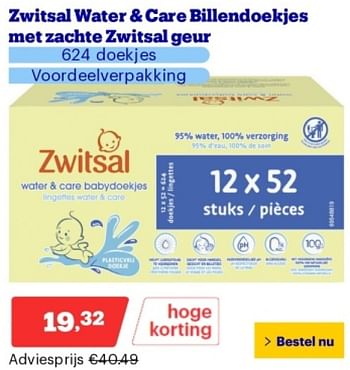 Promoties Zwitsal water + care billendoekjes met zachte zwitsal geur - Zwitsal - Geldig van 29/04/2024 tot 05/05/2024 bij Bol.com