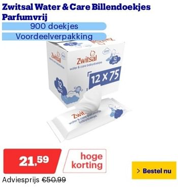 Promoties Zwitsal water + care billendoekjes parfumvrij - Zwitsal - Geldig van 29/04/2024 tot 05/05/2024 bij Bol.com