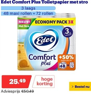 Promotions Edet comfort plus toiletpapier met stro - Edet - Valide de 29/04/2024 à 05/05/2024 chez Bol.com