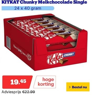 Promoties Kitkat chunky melkchocolade single - Nestlé - Geldig van 29/04/2024 tot 05/05/2024 bij Bol.com
