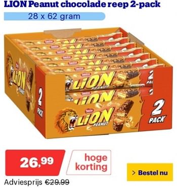Promotions Lion peanut chocolade reep 2 pack - Nestlé - Valide de 29/04/2024 à 05/05/2024 chez Bol.com