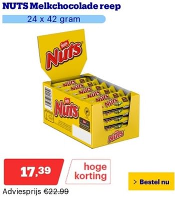 Promotions Nuts melkchocolade reep - Nestlé - Valide de 29/04/2024 à 05/05/2024 chez Bol.com