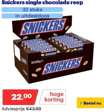 Promotions Snickers single chocolade reep - Snickers - Valide de 29/04/2024 à 05/05/2024 chez Bol.com