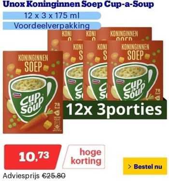 Promotions Unox koninginnen soep cup a soup - Unox - Valide de 29/04/2024 à 05/05/2024 chez Bol.com