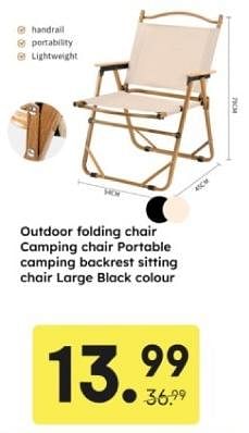 Promoties Outdoor folding chair camping chair portable camping backrest sitting chair large black colour - Huismerk - Ochama - Geldig van 29/04/2024 tot 11/05/2024 bij Ochama