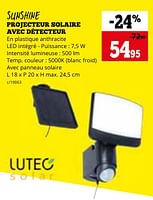 Promotions Sunshine projecteur solaire avec détecteur - Lutec - Valide de 29/04/2024 à 02/06/2024 chez Dema