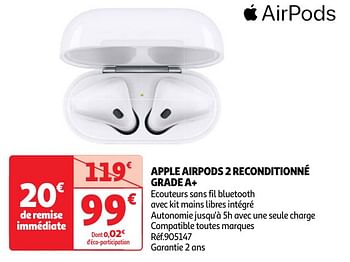 Promotions Apple airpods 2 reconditionné grade a+ - Apple - Valide de 30/04/2024 à 06/05/2024 chez Auchan Ronq