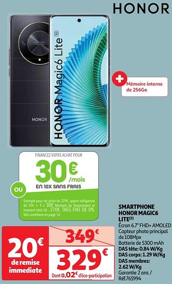 Promotions Smartphone honor magic6 lite - Honor - Valide de 30/04/2024 à 06/05/2024 chez Auchan Ronq
