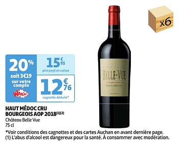 Promoties Haut médoc cru bourgeois aop 2018 château belle vue - Rode wijnen - Geldig van 30/04/2024 tot 06/05/2024 bij Auchan
