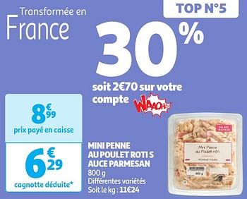 Promotions Mini penne au poulet roti s auce parmesan - Produit Maison - Auchan Ronq - Valide de 30/04/2024 à 05/05/2024 chez Auchan Ronq