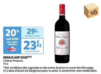 Promotions Moulis aop 2018 château poujeaux - Vins rouges - Valide de 30/04/2024 à 06/05/2024 chez Auchan Ronq