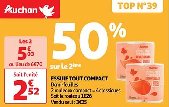 Promoties Essuie tout compact - Huismerk - Auchan - Geldig van 30/04/2024 tot 05/05/2024 bij Auchan