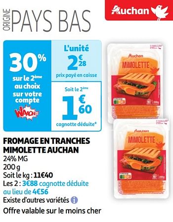 Promotions Fromage en tranches mimolette auchan - Produit Maison - Auchan Ronq - Valide de 30/04/2024 à 05/05/2024 chez Auchan Ronq