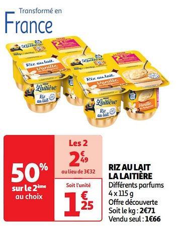 Promotions Riz au lait la laitière - La Laitiere - Valide de 30/04/2024 à 05/05/2024 chez Auchan Ronq