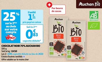 Promoties Chocolat noir 70% auchan bio - Huismerk - Auchan - Geldig van 30/04/2024 tot 05/05/2024 bij Auchan