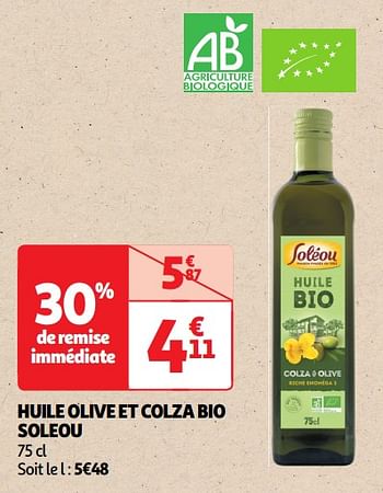 Promoties Huile olive et colza bio soleou - Soléou - Geldig van 30/04/2024 tot 05/05/2024 bij Auchan