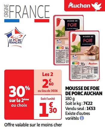 Promoties Mousse de foie de porc auchan - Huismerk - Auchan - Geldig van 30/04/2024 tot 05/05/2024 bij Auchan