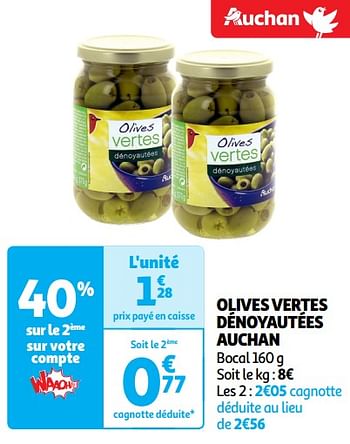 Promoties Olives vertes dénoyautées auchan - Huismerk - Auchan - Geldig van 30/04/2024 tot 05/05/2024 bij Auchan