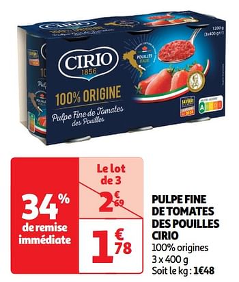 Promoties Pulpe fine de tomates des pouilles cirio - CIRIO - Geldig van 30/04/2024 tot 05/05/2024 bij Auchan