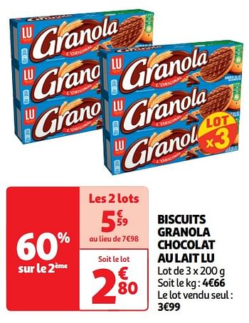 Promotions Biscuits granola chocolat au lait lu - Lu - Valide de 30/04/2024 à 05/05/2024 chez Auchan Ronq
