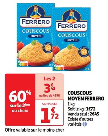 Promoties Couscous moyen ferrero - Ferrero - Geldig van 30/04/2024 tot 05/05/2024 bij Auchan