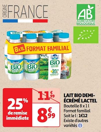 Promotions Lait bio demiécrémé lactel - Lactel - Valide de 30/04/2024 à 05/05/2024 chez Auchan Ronq