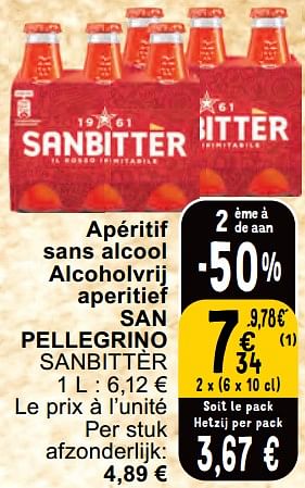 Promotions Apéritif sans alcool alcoholvrij aperitief san pellegrino sanbittèr - San Pellegrino - Valide de 30/04/2024 à 06/05/2024 chez Cora