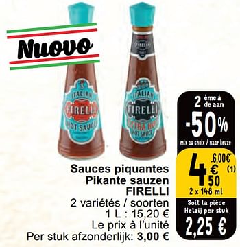 Promotions Sauces piquantes pikante sauzen firelli - Firelli - Valide de 30/04/2024 à 06/05/2024 chez Cora