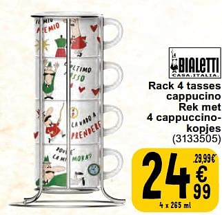 Promoties Rack 4 tasses cappucino rek met 4 cappuccinokopjes - Bialetti - Geldig van 30/04/2024 tot 06/05/2024 bij Cora