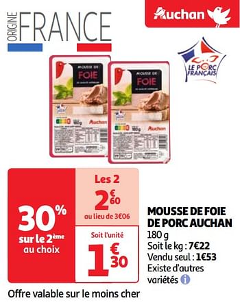 Promotions Mousse de foie de porc auchan - Produit Maison - Auchan Ronq - Valide de 30/04/2024 à 06/05/2024 chez Auchan Ronq