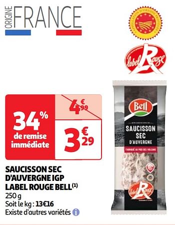 Promotions Saucisson sec d`auvergne igp label rouge bell - Bell - Valide de 30/04/2024 à 06/05/2024 chez Auchan Ronq
