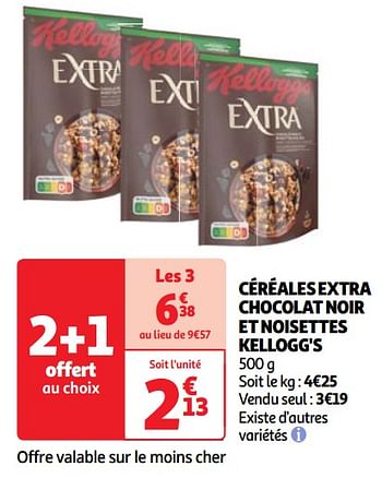 Promoties Céréales extra chocolat noir et noisettes kellogg`s - Kellogg's - Geldig van 30/04/2024 tot 06/05/2024 bij Auchan