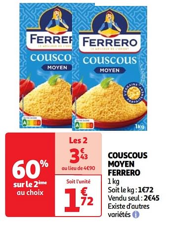 Promoties Couscous moyen ferrero - Ferrero - Geldig van 30/04/2024 tot 06/05/2024 bij Auchan