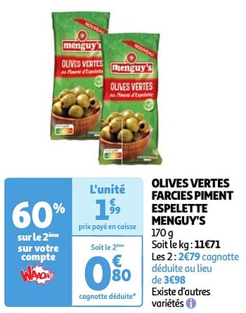 Promotions Olives vertes farcies piment espelette menguy`s - Menguy's - Valide de 30/04/2024 à 06/05/2024 chez Auchan Ronq