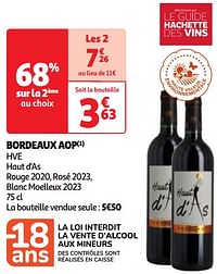Bordeaux aop hve haut d`as rouge 2020, rosé 2023, blanc moelleux 2023-Rode wijnen