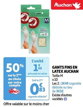 Promoties Gants fins en latex auchan - Huismerk - Auchan - Geldig van 30/04/2024 tot 06/05/2024 bij Auchan