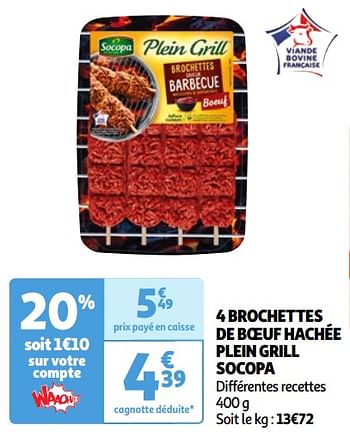 Promotions 4 brochettes de boeuf hachée plein grill socopa - Socopa - Valide de 30/04/2024 à 06/05/2024 chez Auchan Ronq