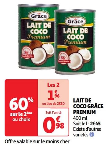 Promoties Lait de coco grâce premium - Grace - Geldig van 30/04/2024 tot 06/05/2024 bij Auchan