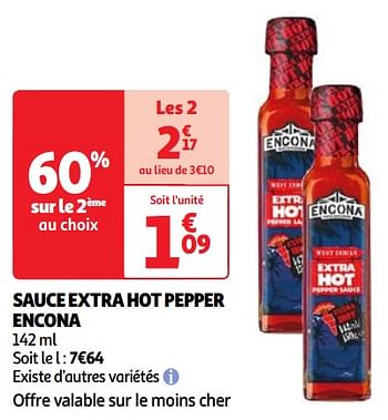 Promotions Sauce extra hot pepper encona - Encona - Valide de 30/04/2024 à 06/05/2024 chez Auchan Ronq