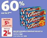 Promoties Biscuits granola chocolat au lait lu - Lu - Geldig van 30/04/2024 tot 06/05/2024 bij Auchan